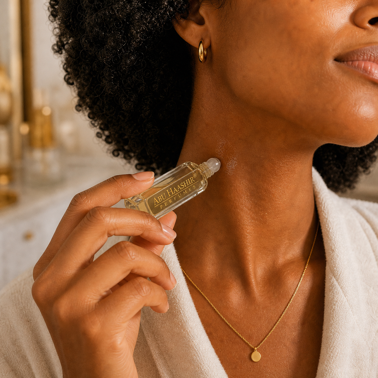 Oud Amber - Abu Haashir branded roll-on perfume oil neck application